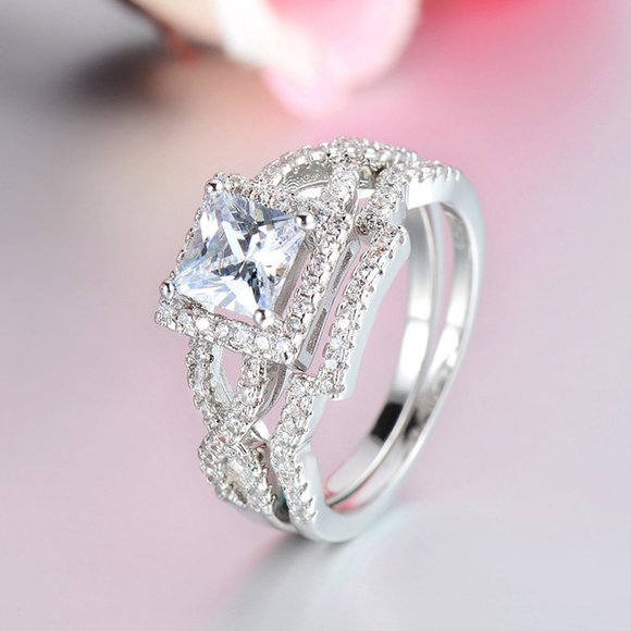 NEW 2PC/Set Princess Cut Diamond Halo Silver Ring - Picture 2 of 5